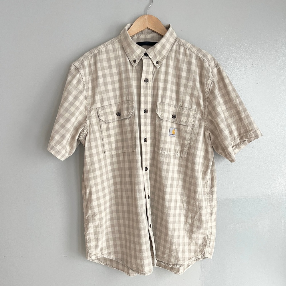 Carhartt TW4625-M Loose Fit Short Sleeve Gingham Button Down Tan Shirt Size‎ L